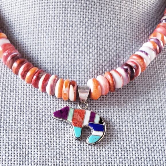 Navajo Spiny Oyster Artisan Turquoise Sterling Silver Inlaid Bear Necklace 17" - Picture 2 of 5